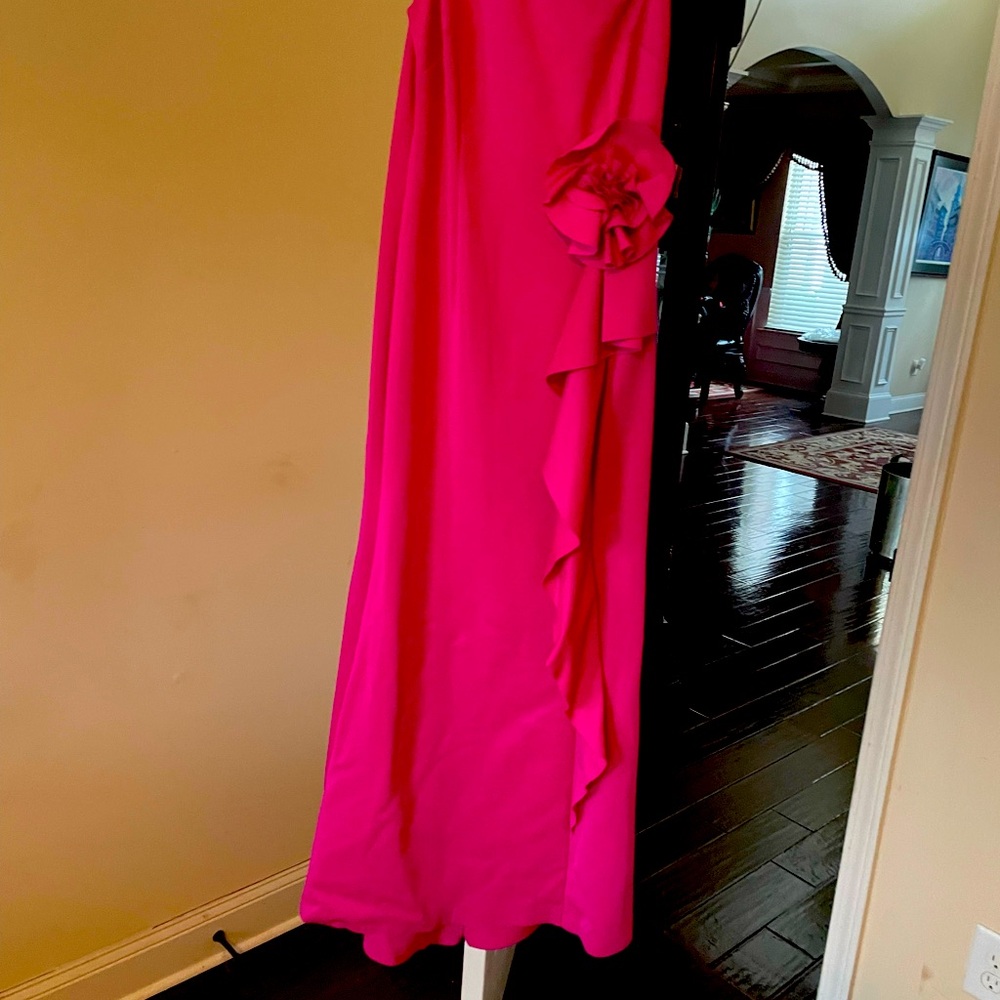 A beautiful pink maxi dress with a side bow and one sleeve